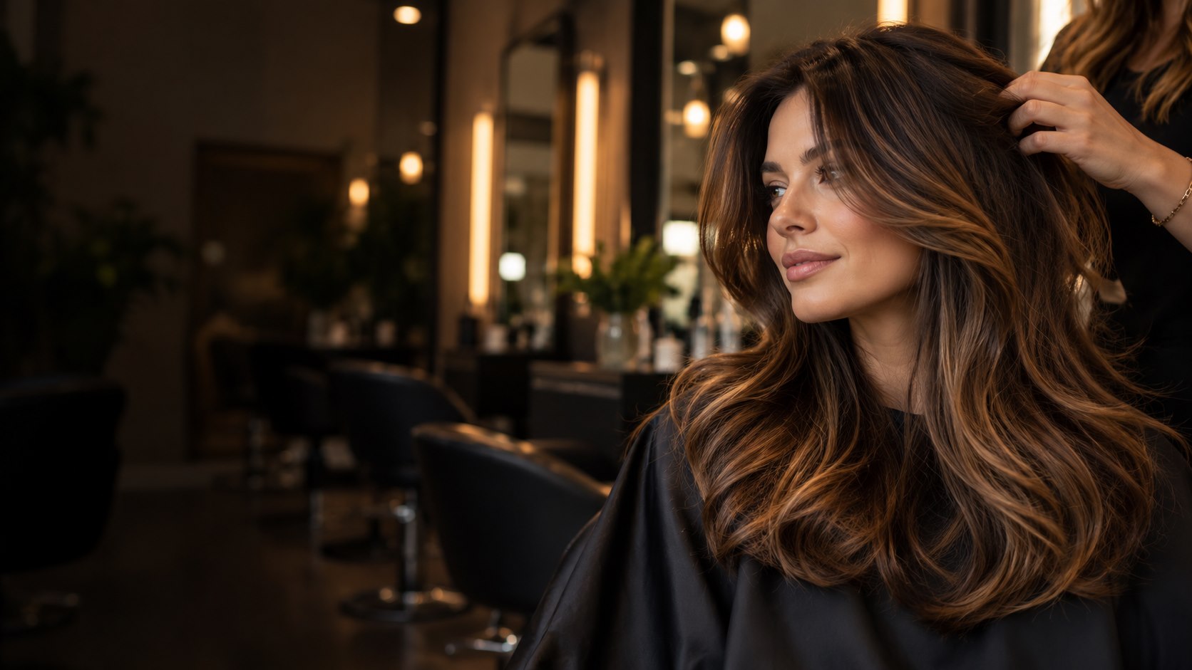 Client with styled brunette hair inside a salon